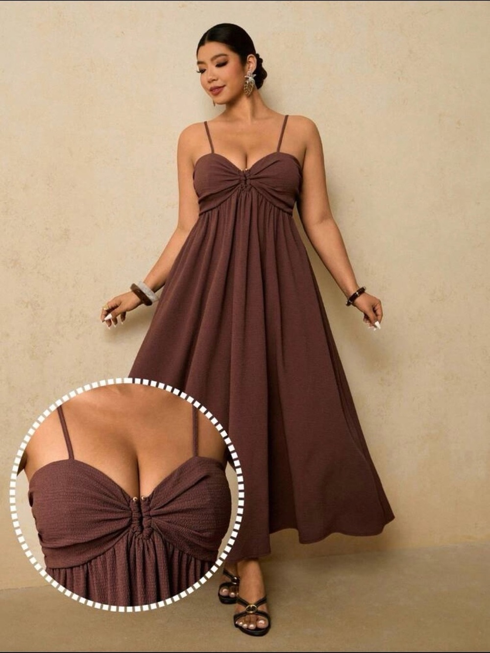 SHEIN 1XL Brown Spaghetti-Strap Maxi Dress with Twist Front